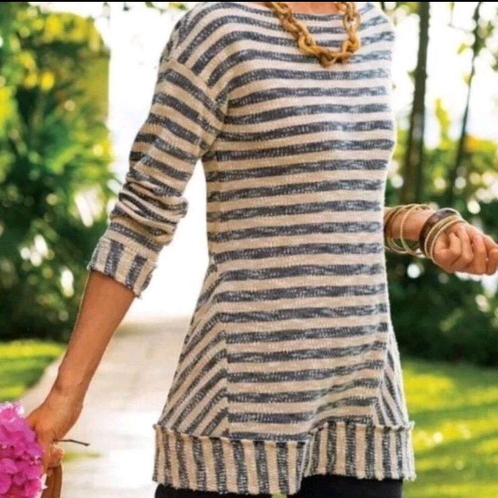 Soft Surroundings Mariana Stripe Sweater Tunic Nautical Cotton Raw Hem Small